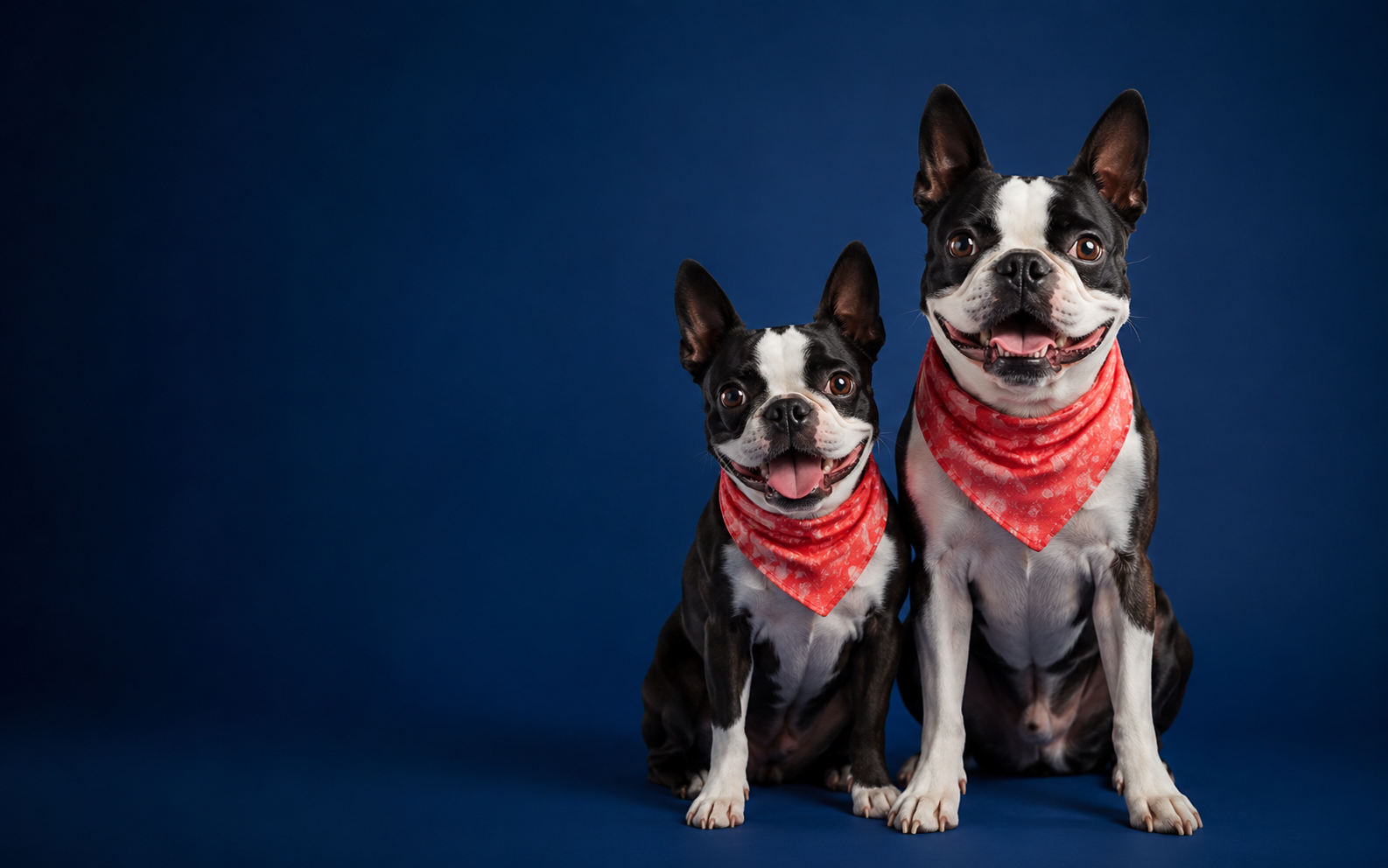 Two cheerful Boston terriers wearing red bandanas